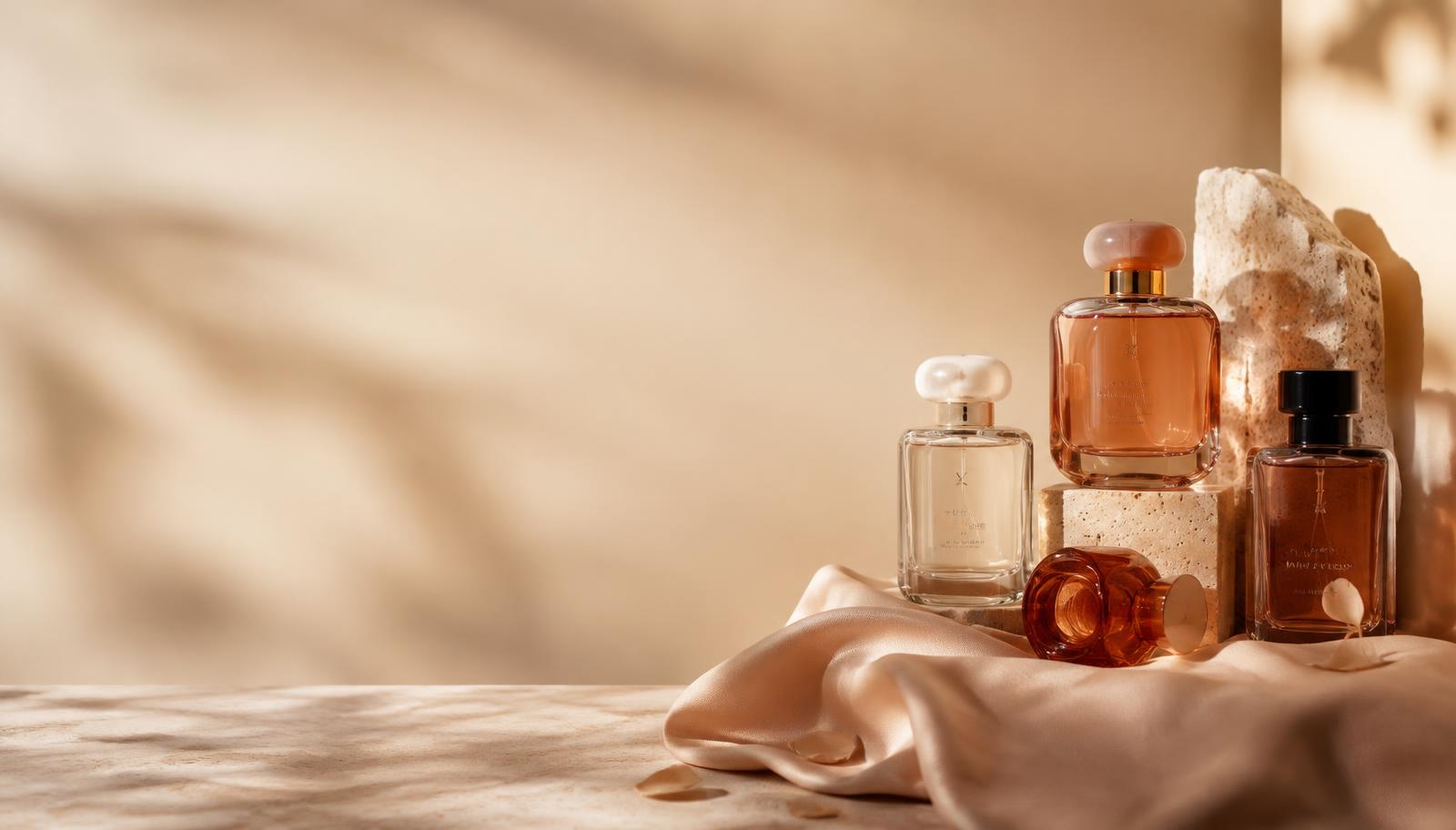 Frascos de perfume sobre seda nude